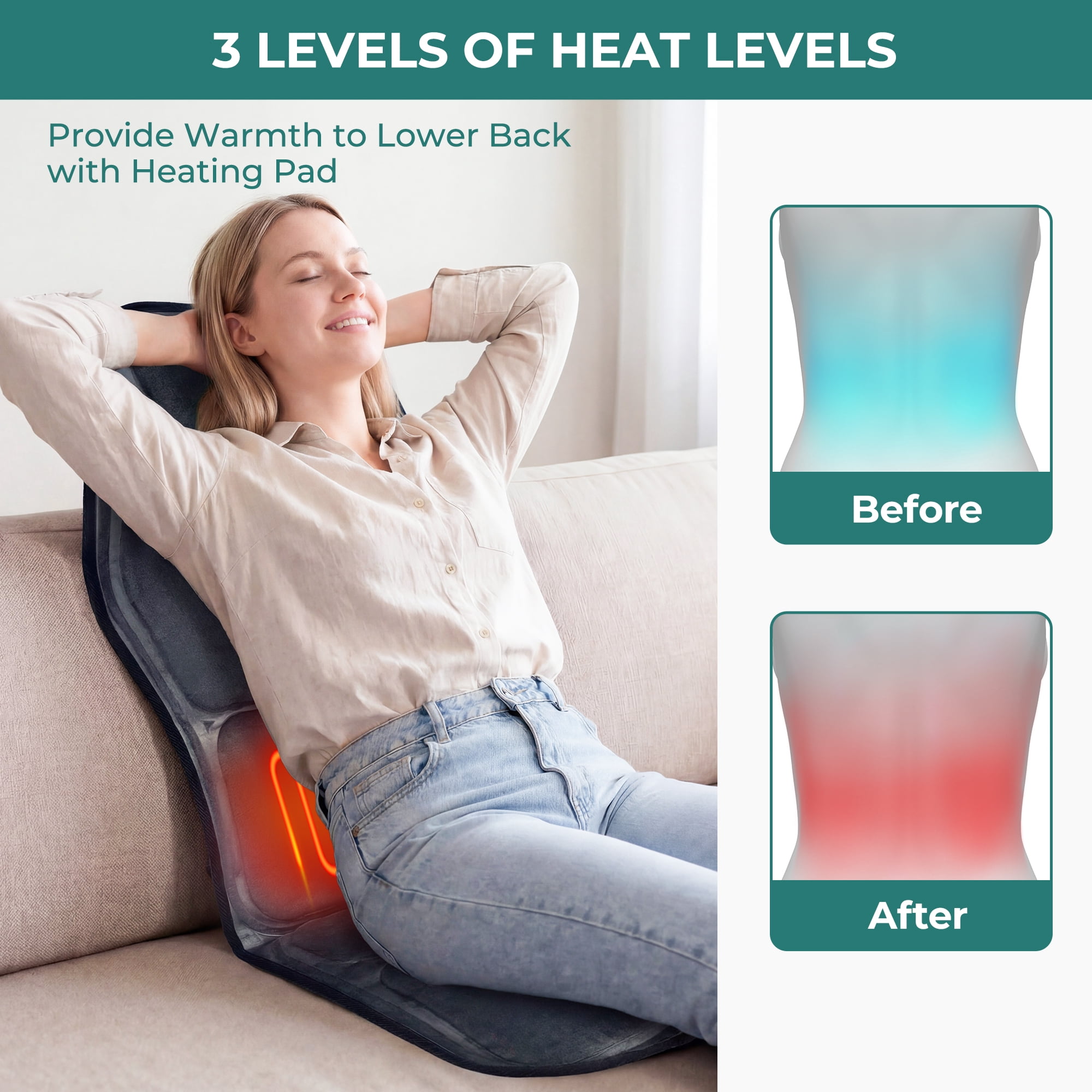 Back Massager with Heat, Massage Seat Cushion with 7 Motors, 3-Level Heat, 9 Modes & 9 Intensities, Massage Chair Pad for Home Office Car Use