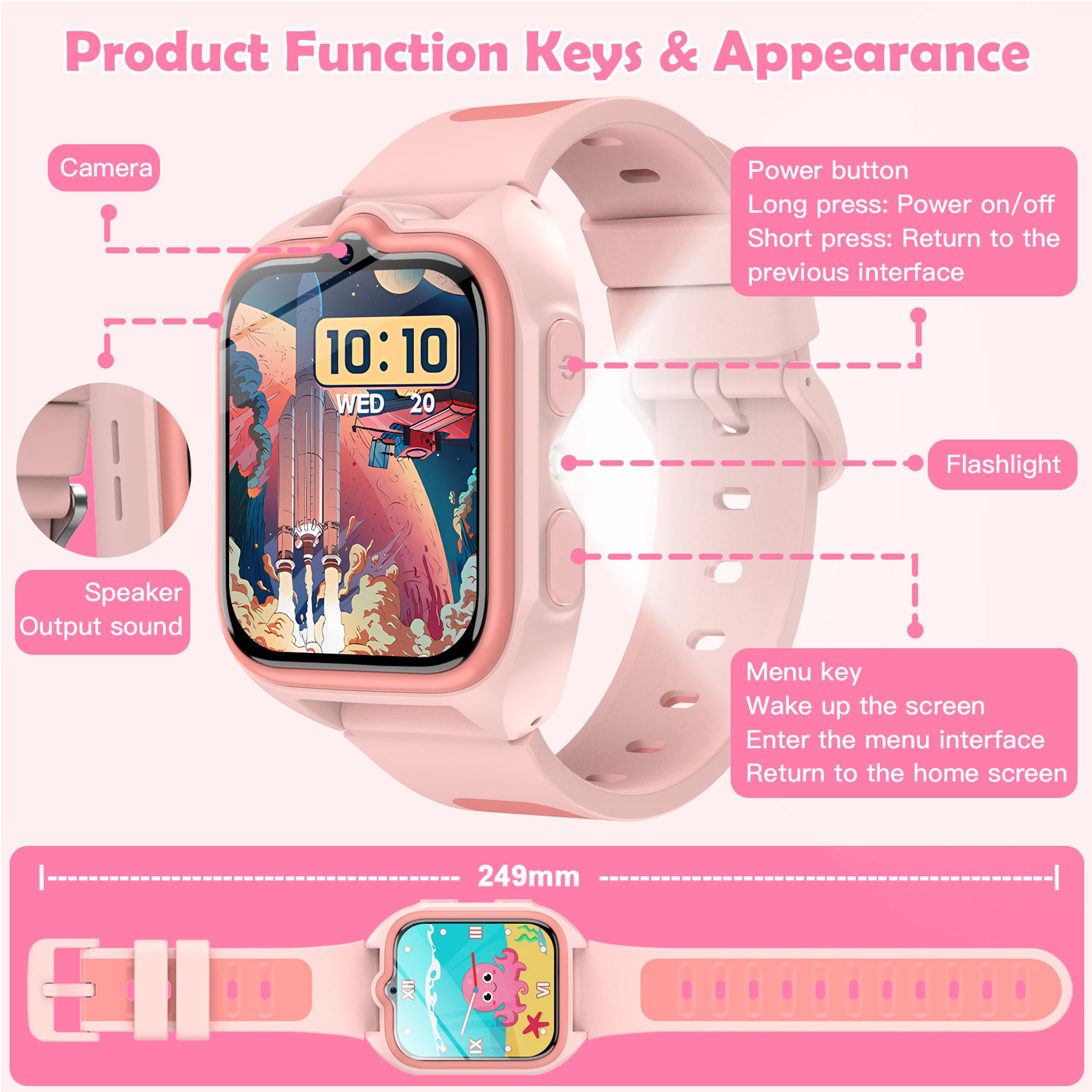 IOWODO Kids Smart Watch for Boys Girls, 32 Games, HD Camera, Music Player, Audiobooks, Flashcards, Habit Tracker, 1.75" Touch Screen, No App Needed, Pink