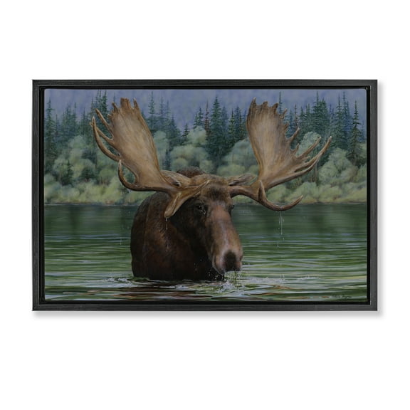 Stupell Industries Moose Swimming in Lake Animals Painting Black Floater Framed Canvas Art Print Wall Art, 25 x 17