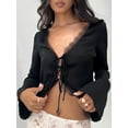 thumbnail image 3 of Women Crop Long Sleeve Tops Lace Eyelash Trim Tie Front Shirt Casual Cardigan for Club Streetwear Aesthetic Clothes, 3 of 7