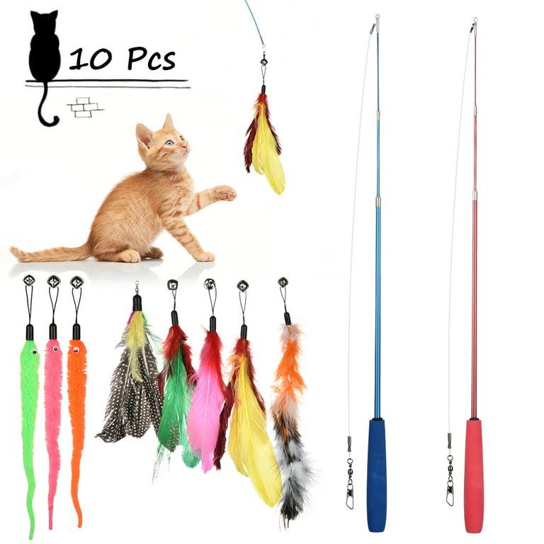 Buy 9 PCS Cat Fishing Pole Toy, Retractable Cat Feather Toys with