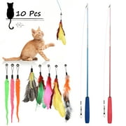 Cat Feather Toy, 2PCS Retractable Cat Wand Toys and 8PCS Replacement Teaser with Bell Refills, Interactive Catcher Teaser and Funny Exercise for Kitten or Cats