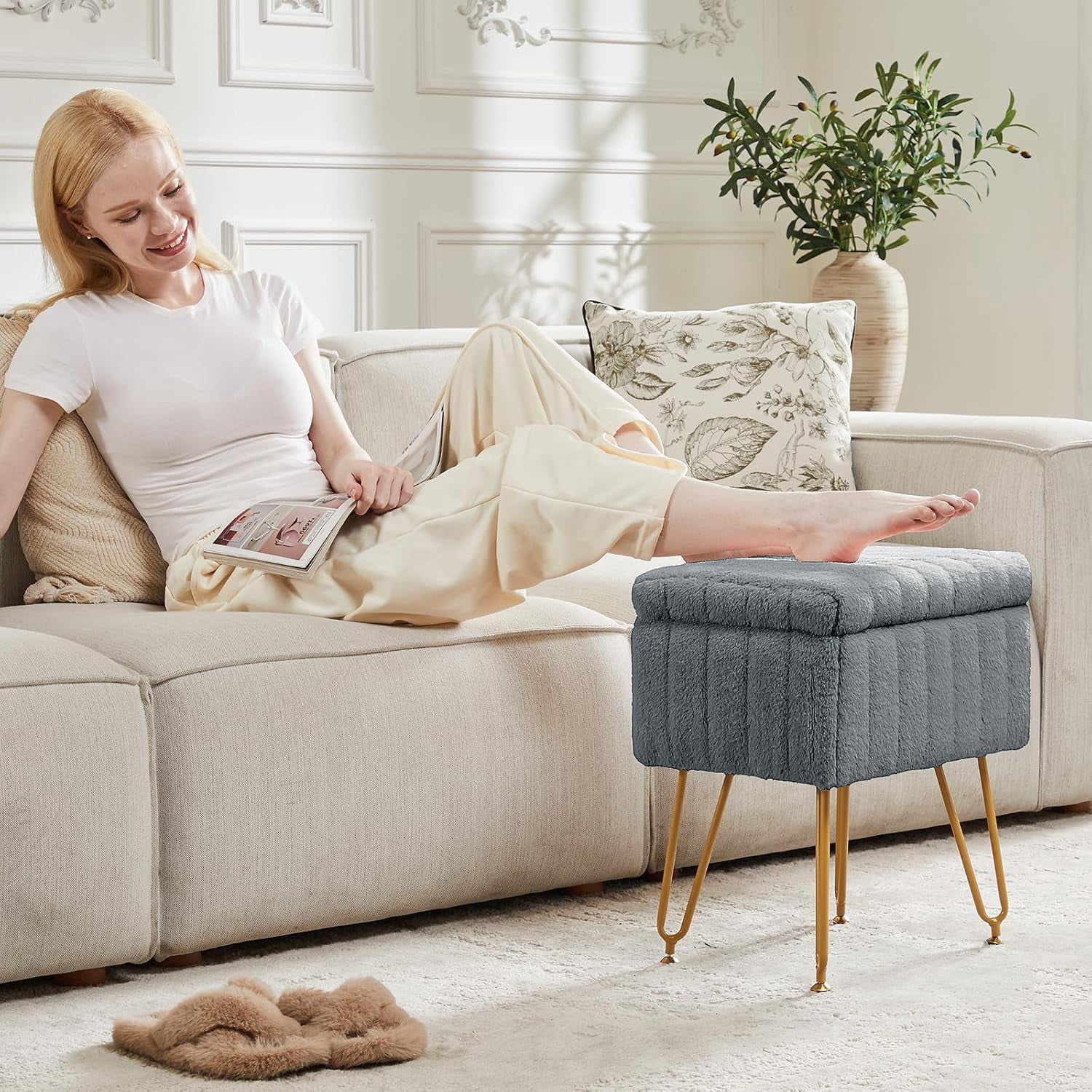 Simenmax Vanity Stool Chair with Storage, Ottoman Faux Fur Soft Padded Makeup Footstools Seat with 4 Metal Legs Anti-Slip Adjustable Feet Modern Cute Small Footrest for Home Entryway Bedroom,Gray