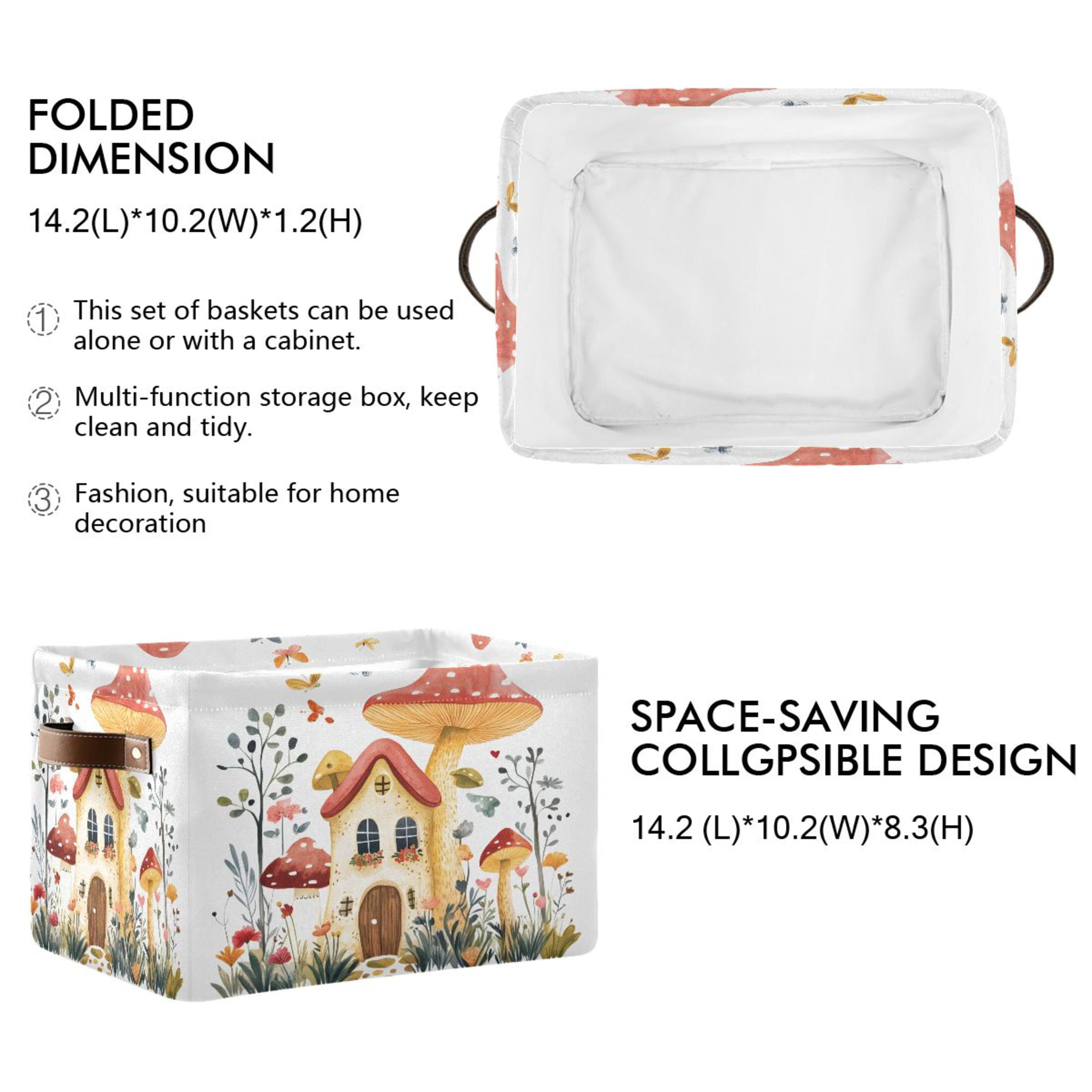 Ryvnso Mushroom on House Storage Basket Large Bin Foldable Boxes Toys Organizer 14.2x10.2x8.3in 2 PCs