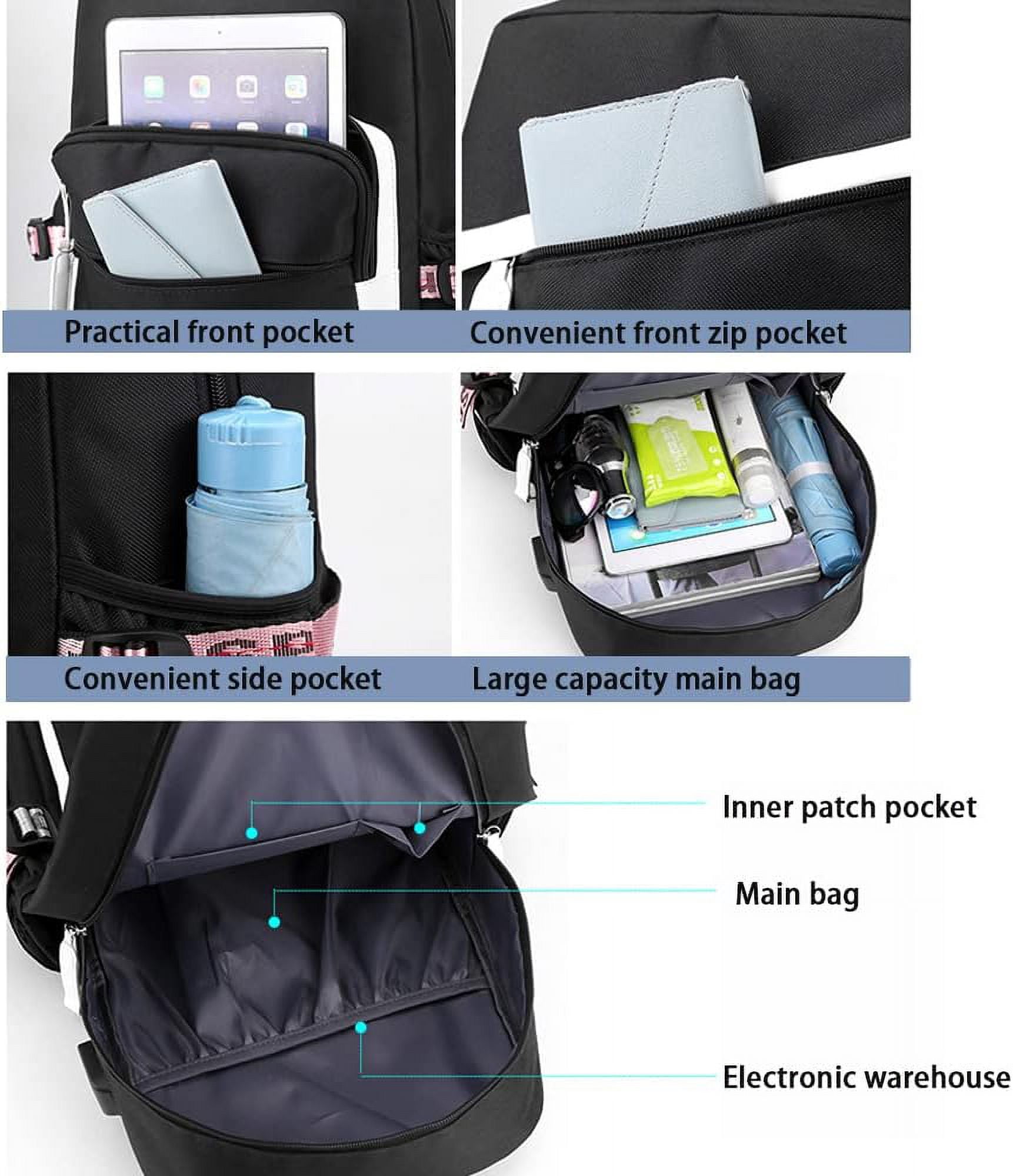 Cute Black Pink Backpack with USB Port, Fashion Laptop Backpack for Women, Large Capacity Travel Bookbag with Multiple Pockets, Water Resistant Casual Daypack for College and Work