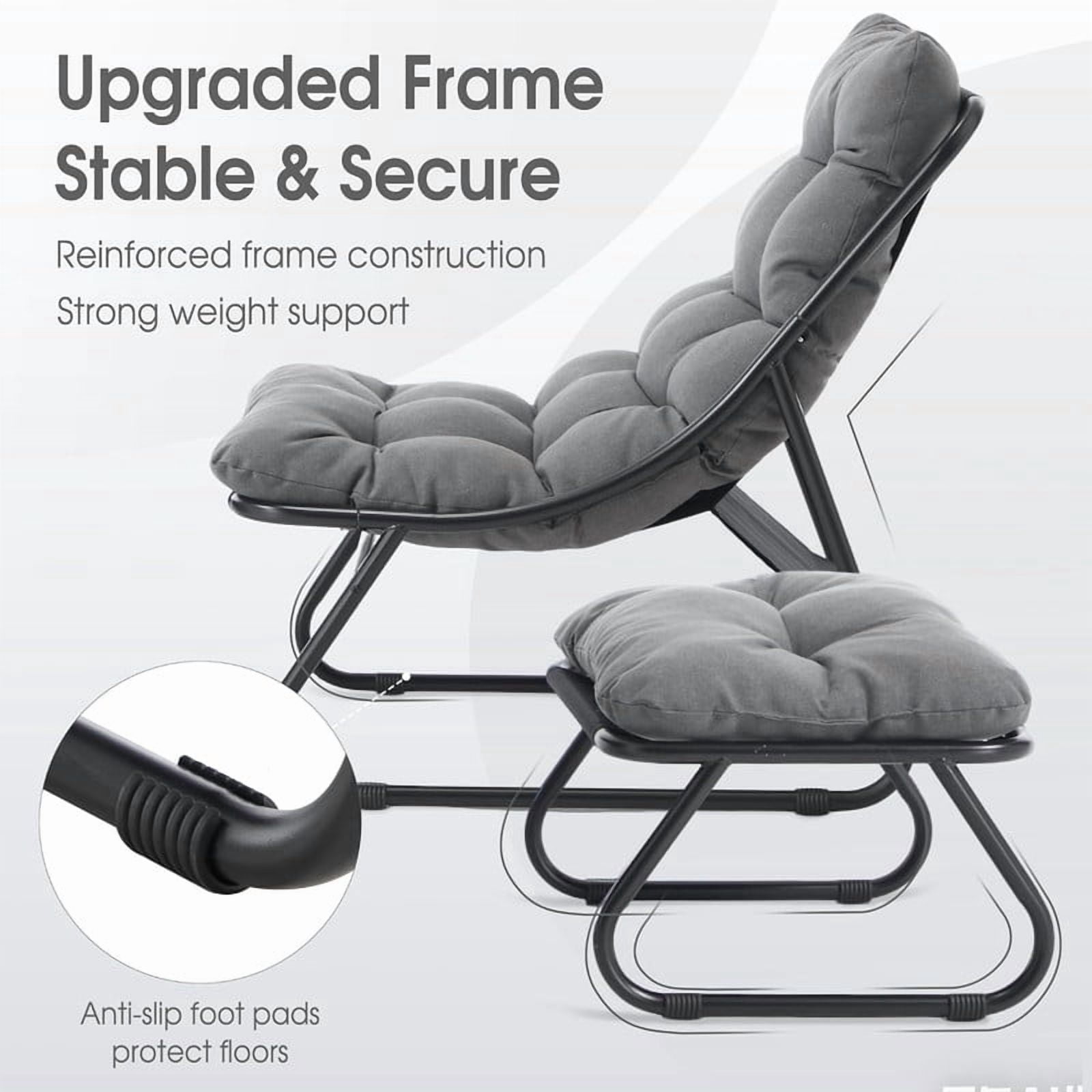 Modern Patio Lounge Chair with Ottoman, Comfy Sling Recliner Chair with Puffy Cushion and Foot Stool for Indoor Outdoor Living Room