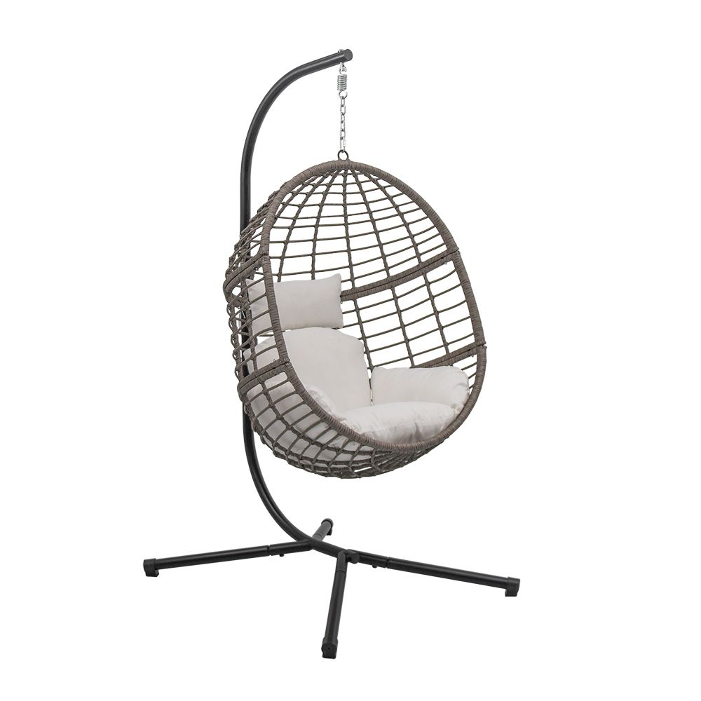 Abble Indoor Outdoor Wicker Hanging Egg Chair with Stand, Gray Swing Chair with White Cushion