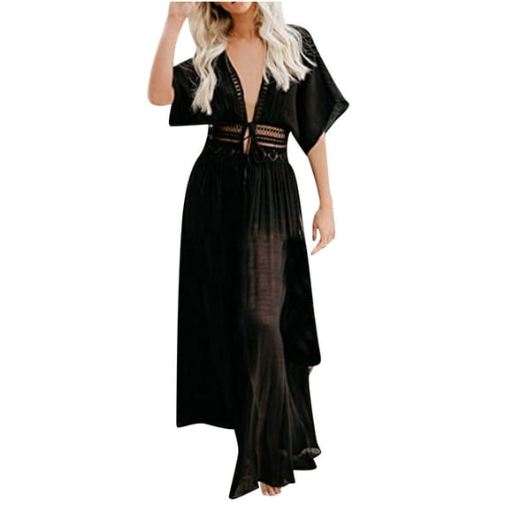 PEZHADA Swimsuit Coverup pour les Femmes, la Mode Féminine Décontractée Printemps et Été Creux Plage Longue Couverture de Style Ups Noir XL