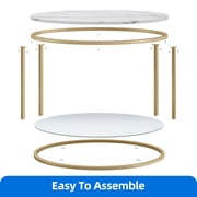 Dextrus 2-Tier Round Coffee Table Marble Center Cocktail Table with Storage Shelf, White & Gold