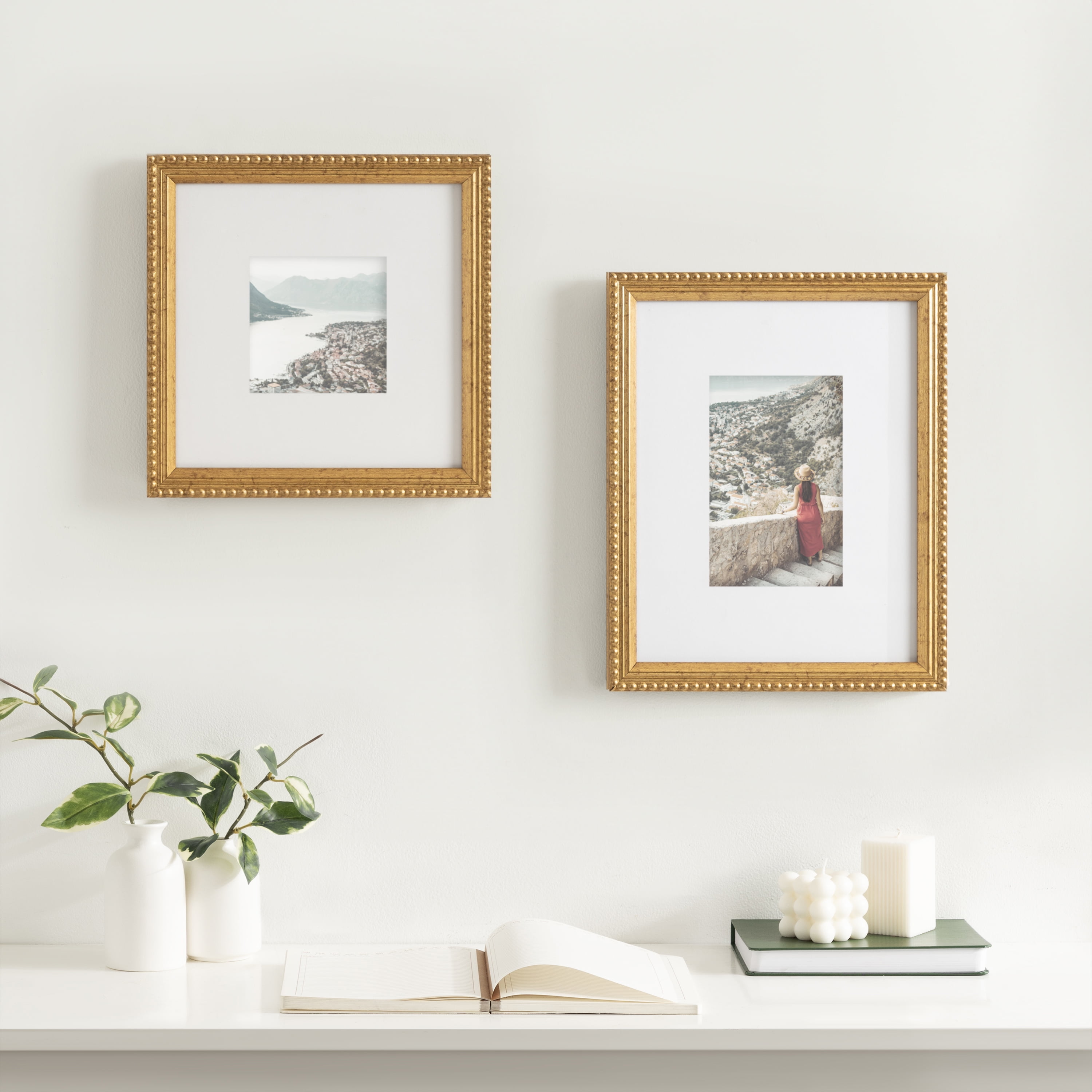 DesignOvation 8x8 Matted for 4x4 Beaded Gold Decorative Tabletop Picture Frame