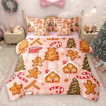 Manfei Kawaii Gingerbread Man 7-Piece Bedding Comforter Set,Gchic Christmas Tree King Bedding Sets,Pink Brown Red Bed Sheets For Girls Kids,Breathable Home Decor Reversible