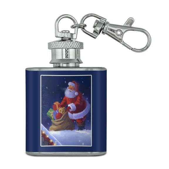 Christmas Holiday Rooftop Santa Stainless Steel 1oz Mini Flask Key Chain
