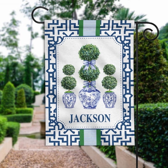 Garden Flag Personalized Chinoiserie Topiary Flag Preppy Blue White Grandmillennial Traditional Classic V11, 12x18 POLE NOT INCLUDED