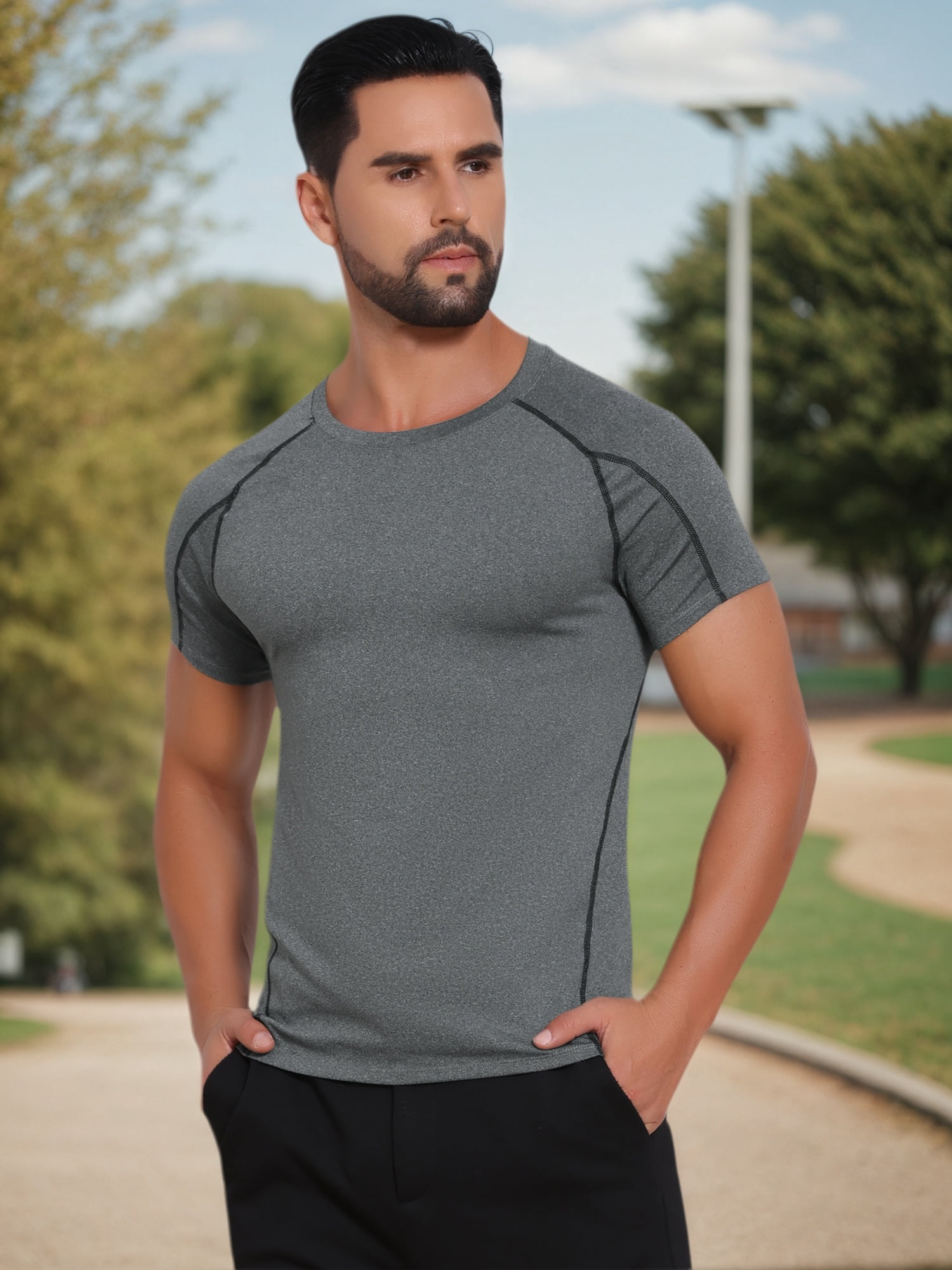 DARING DIVA Men's Workout Stretch Crew Neck Short Sleeve T-Shirt XL Gray