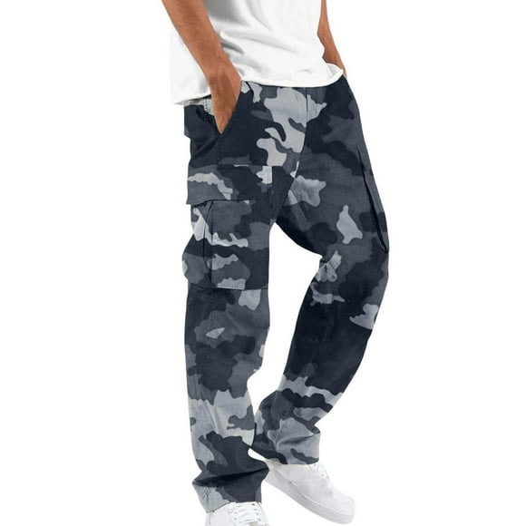 Lovzfmll Men's Camo Cargo Pants, Casual Trousers with Drawstring Waist & Pockets, Straight Leg Full Length Pants Relaxed Fit