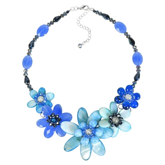 Beautiful Blue Sky Mixed Seashells, Pearls, and Crystals Floral Necklace