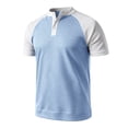 thumbnail image 3 of FRSASU Men's Henley Shirt Raglan Sleeve Colorblock Summer T-shirt Casual Collarless Slim Fit Button Down Tee Tops Light Blue, 3 of 7