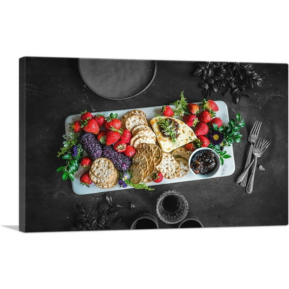 ARTCANVAS Strawberries Flowers Chamomile Figs Cookies Tray Canvas Art Print - Size: 40" x 26" (1.50" Deep)