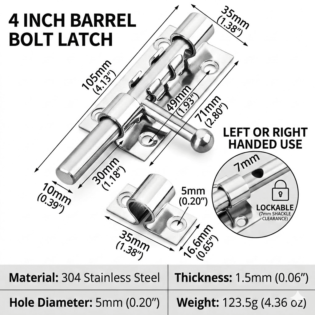 4.13" Heavy Duty Barrel Bolt Latch, 304 Stainless Steel Slide Bolt Gate Lock with Padlock Hole, Security Door Latch Hardware for Barn, Fence, Shed, and Garage