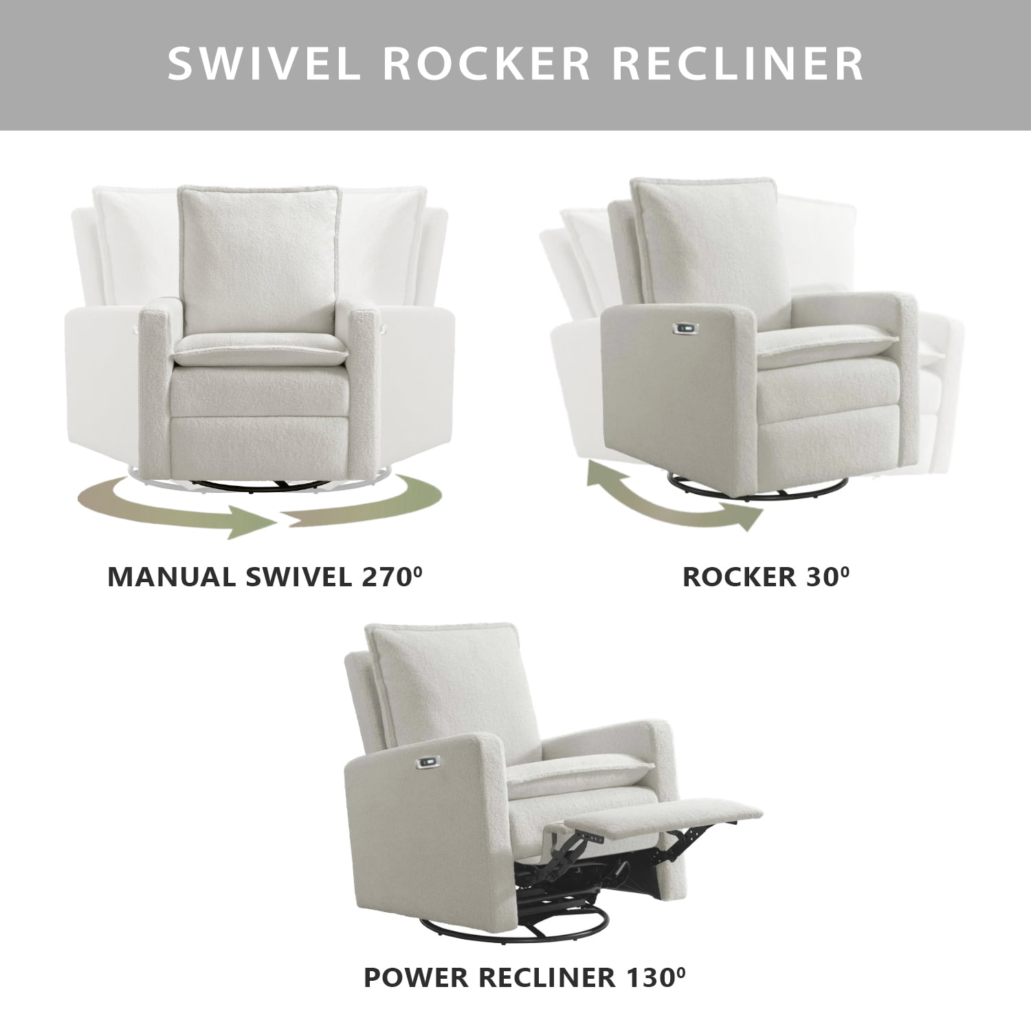 Oxford Baby Uptown Power Upholstered Glider Recliner Rocking Chair 270° Swivel for Nursery and Living Room – Boucle White