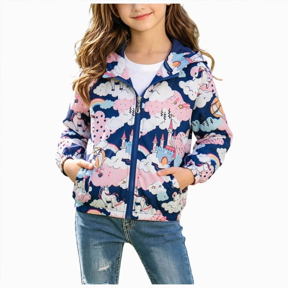 Xyant Toddler Girls Jacket Lightweight Hooded Windbreaker Kids Water-Resistant Light Rain Jacket Print Outwear (Dark Blue,18-24 Months)