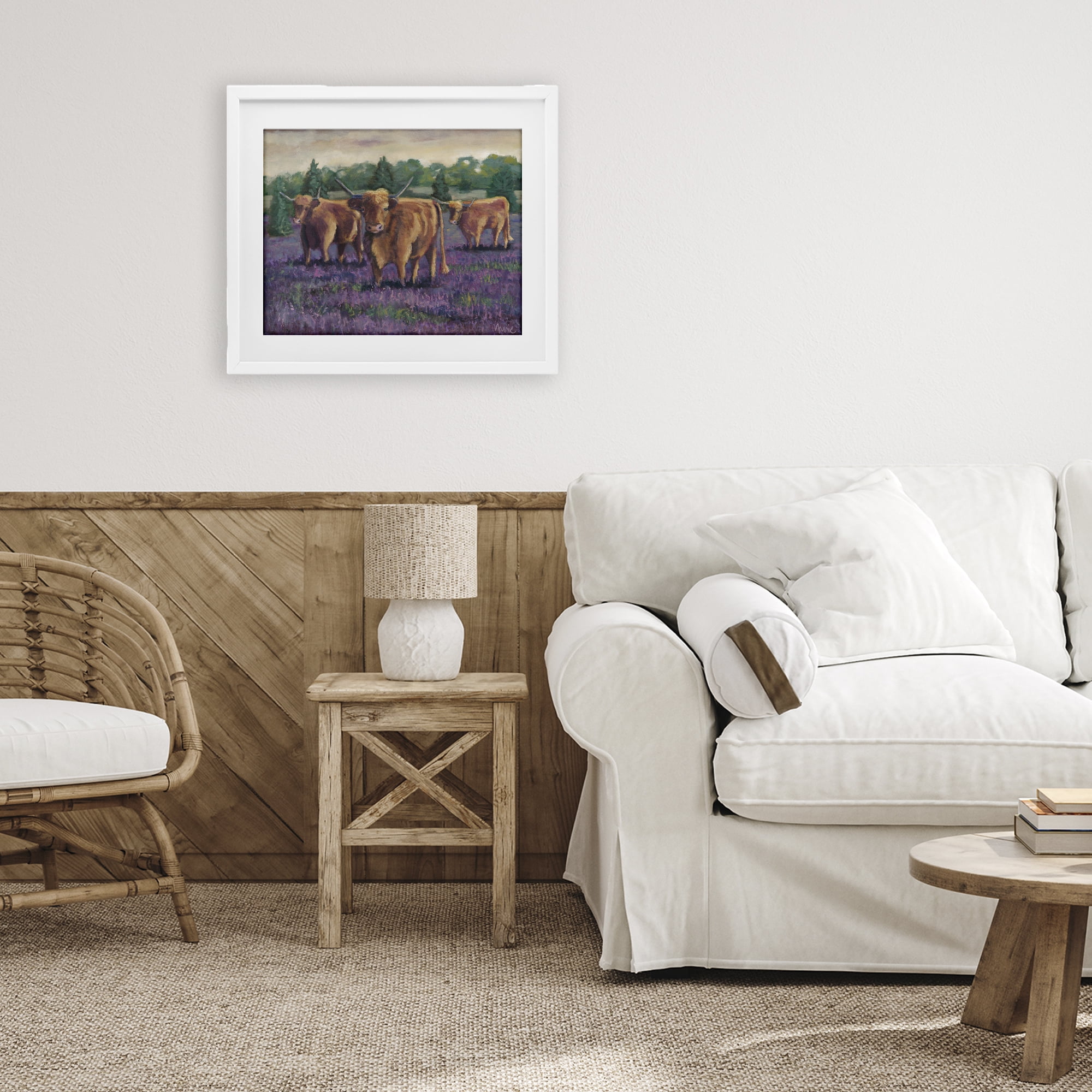 Purple Fields & Cows White Framed Print Under Glass, design by Marnie Bourque