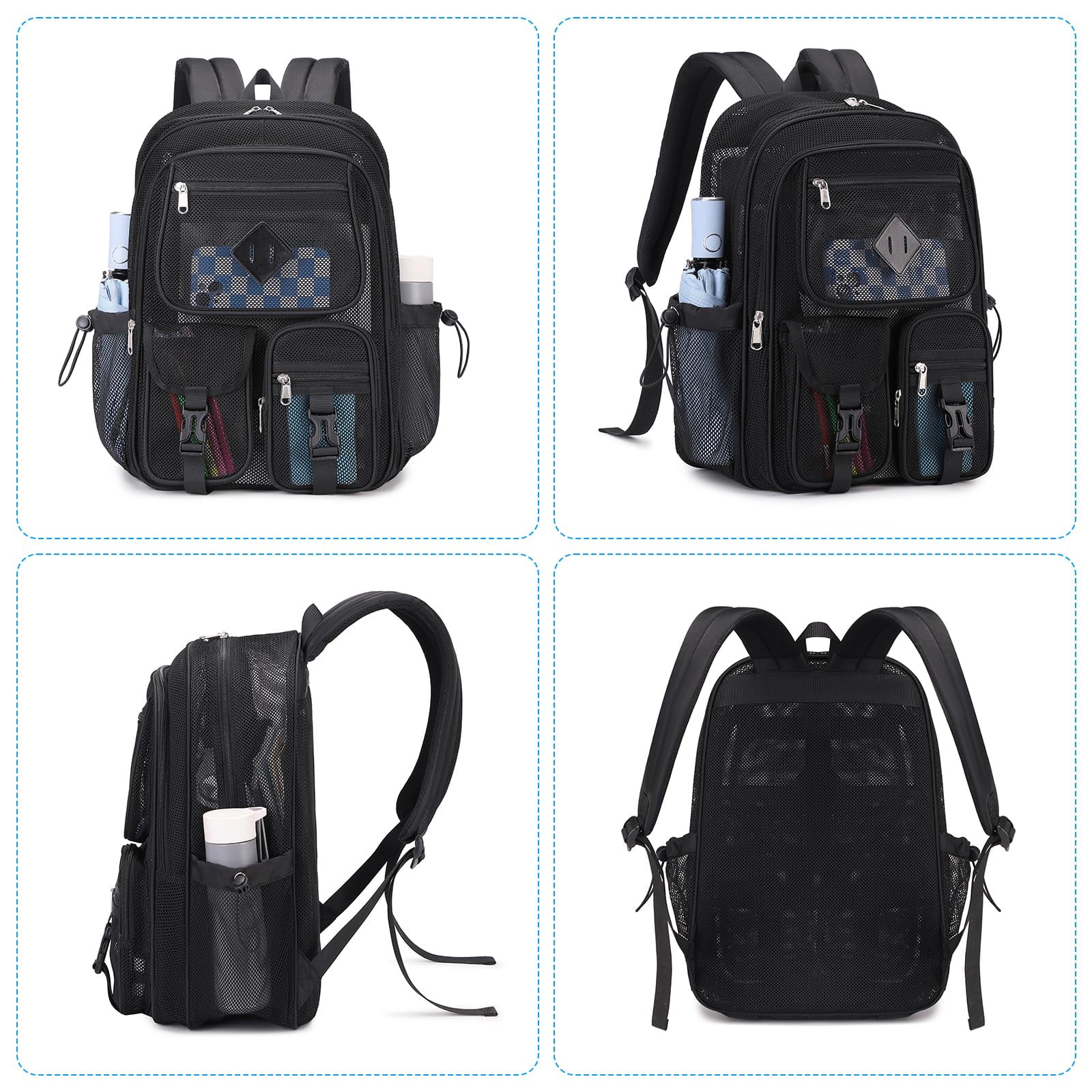 Soda Candy Mesh Backpacks for School Heavy Duty See Through Net Bookbag Semi-Transparent Net Back Pack for Beach, Swimming, Sports, Work, Travel, Black