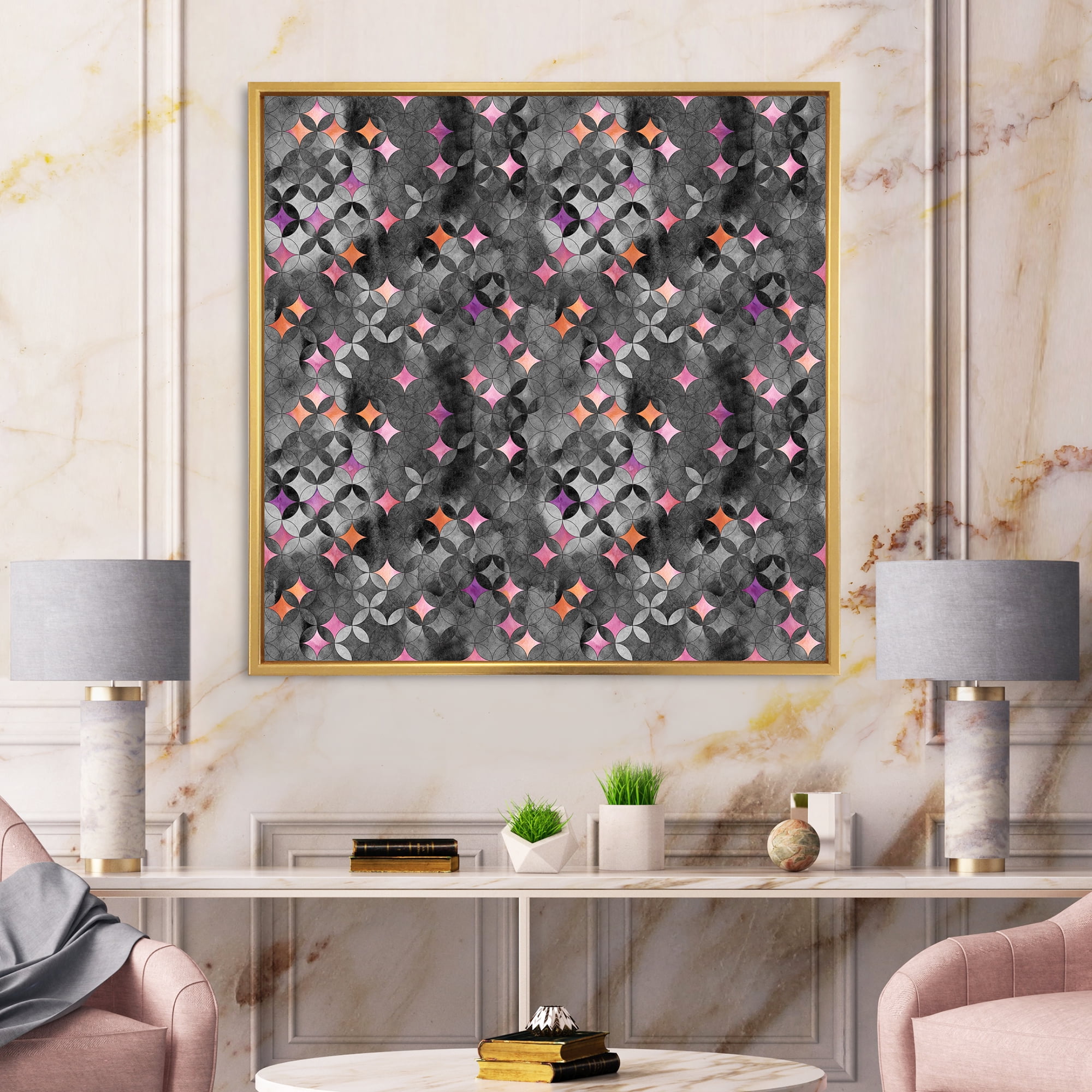 Designart 'Geometry Pink Stars With Intersecting Circles' Modern Framed Canvas Wall Art Print