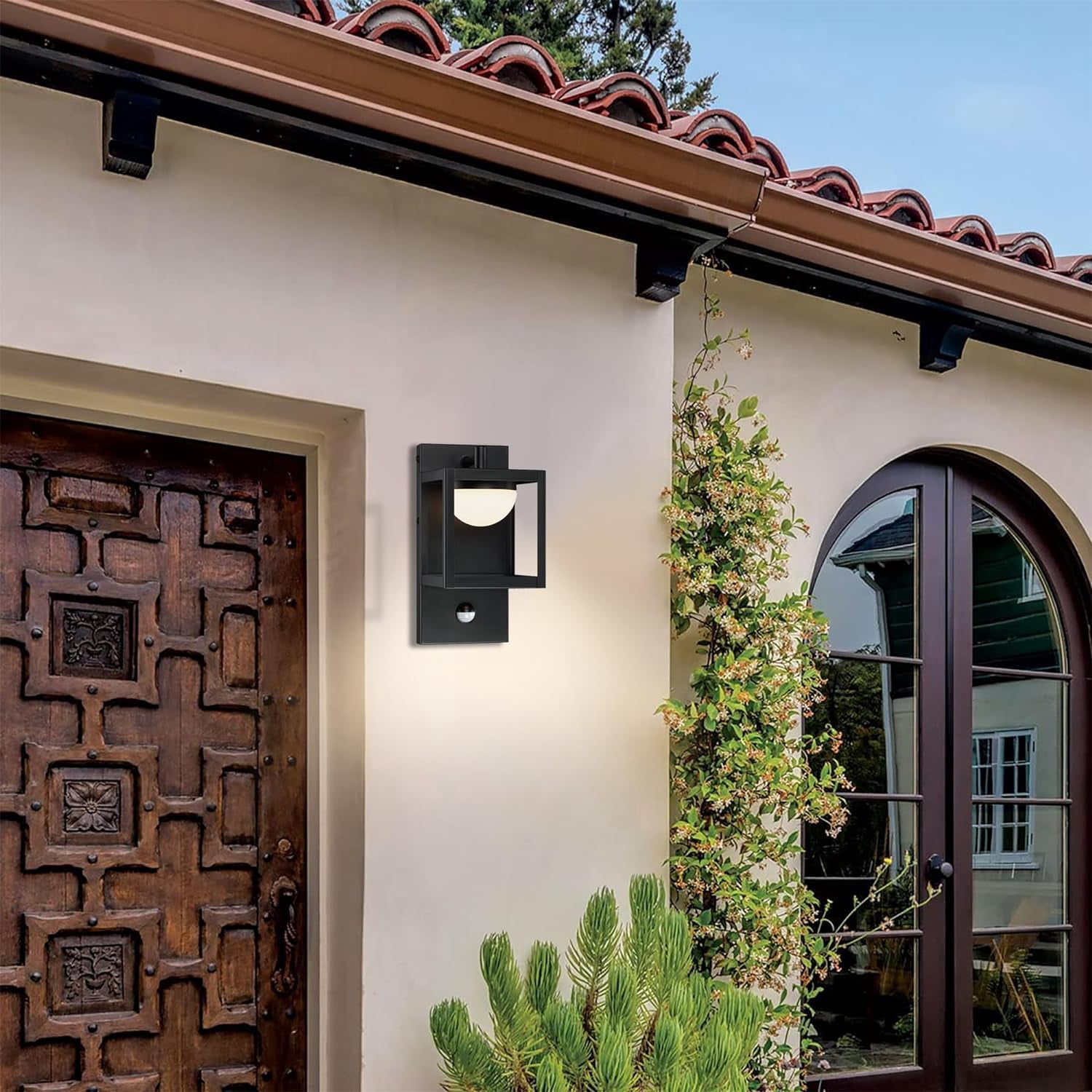 Revtronic LED Modern Outdoor Wall Light, 3000K Soft White, Bright 350 Lumens, Motion Sensor Wall Lighting Sconce, Matte Black