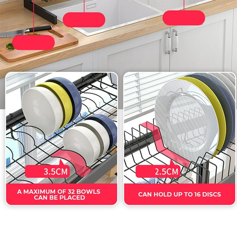 SINOART Over The Sink Dish Drying Rack, 2-Tier Dish Rack Width Adjustable  Dish Drainer for Kitchen Organization Storage Shelf Dish Dryer Rack  Utensils Holder 