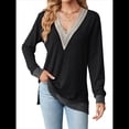 thumbnail image 3 of Blusas de Otoño para Mujer, con Escote en V, Encaje, Larga, Holgadas, con Ribete de Bloques de Color, Moda 2025 Negro S, 3 of 10