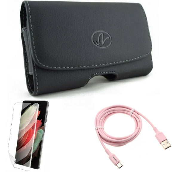 Matte Screen Protector w Case Belt Clip w 6ft USB-C Cable for Samsung Galaxy S21 Plus - TPU Film Anti-Glare, Leather Swivel, Pink Charger Cord Accessory Bundle