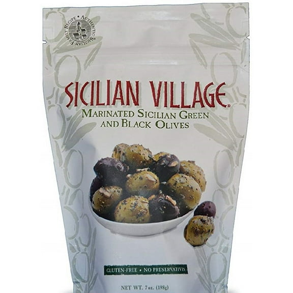 Sicilian Village: Olives Green Black Marinated, 7 Oz