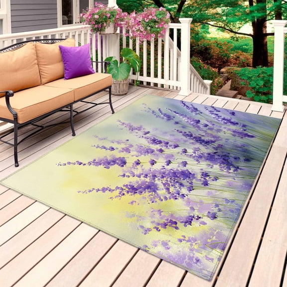 Lavender Outdoor Rug 3x5 Ft, Non Slip Washable Area Rug, Purple Floral Spring Country Nature Wildflower Plant Patio Rugs Carpet Runner, Large Floor Mat for Indoor/Outdoor Deck Porch Camping