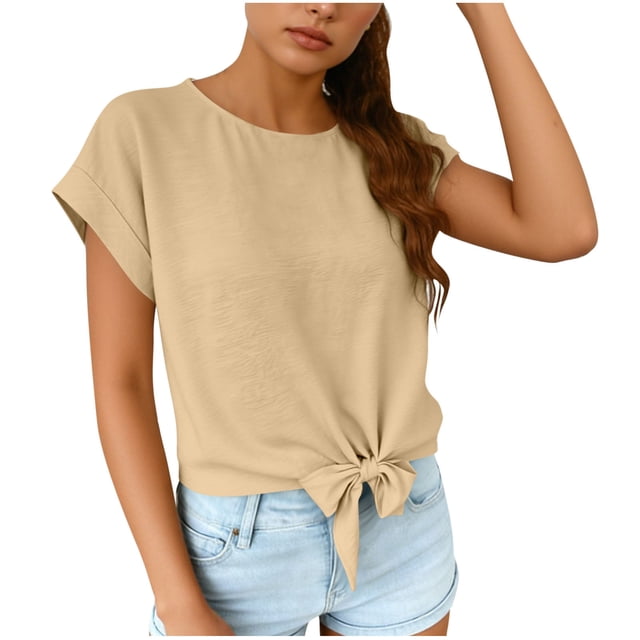 Ymauqau T-Shirts pour Femmes Manches Courtes Roulées Col Rond Nœud devant Crop Tops Tendance Décontracté T-Shirts Coupe Ample Blouses