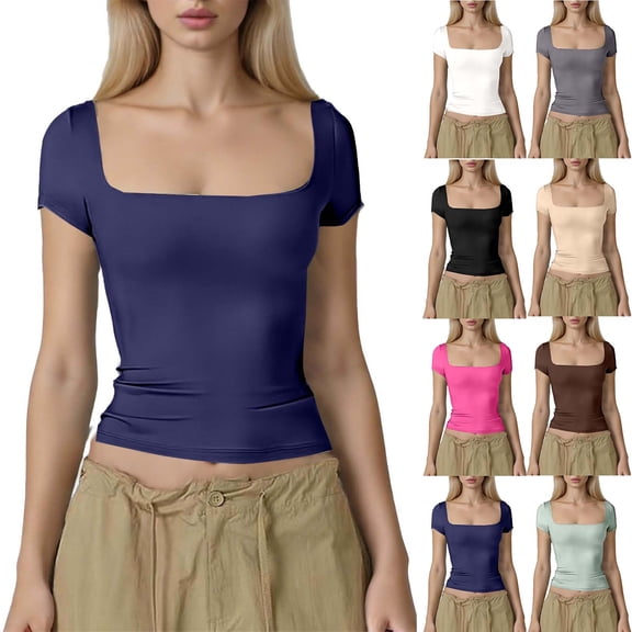 Women's Square Neck Short Sleeve Double-Layer Tops Basic Slim Fit Crop Tops Going Out Summer T Shirt White,Size XS
