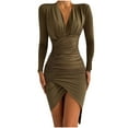 thumbnail image 2 of Floenr Women Sexy Slim Party Dress,V-Neck Solid Long Sleeve Ruched Summer Dresses,Empire Waist Split Mini Dress, 2 of 5