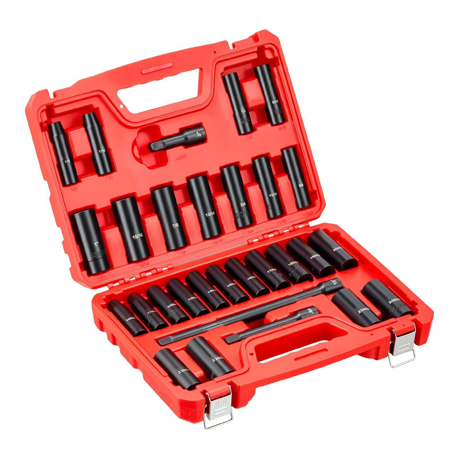 1/2 in Drive Impact Socket Set, 29 Piece, 6 Point Deep Impact Sockets, SAE (3/8 to 1 inch) and Metric (10 to 24 mm) Sizes with Extension Bars (3, 5, 10 in), Cr-V Steel, Heavy Duty Carrying Case