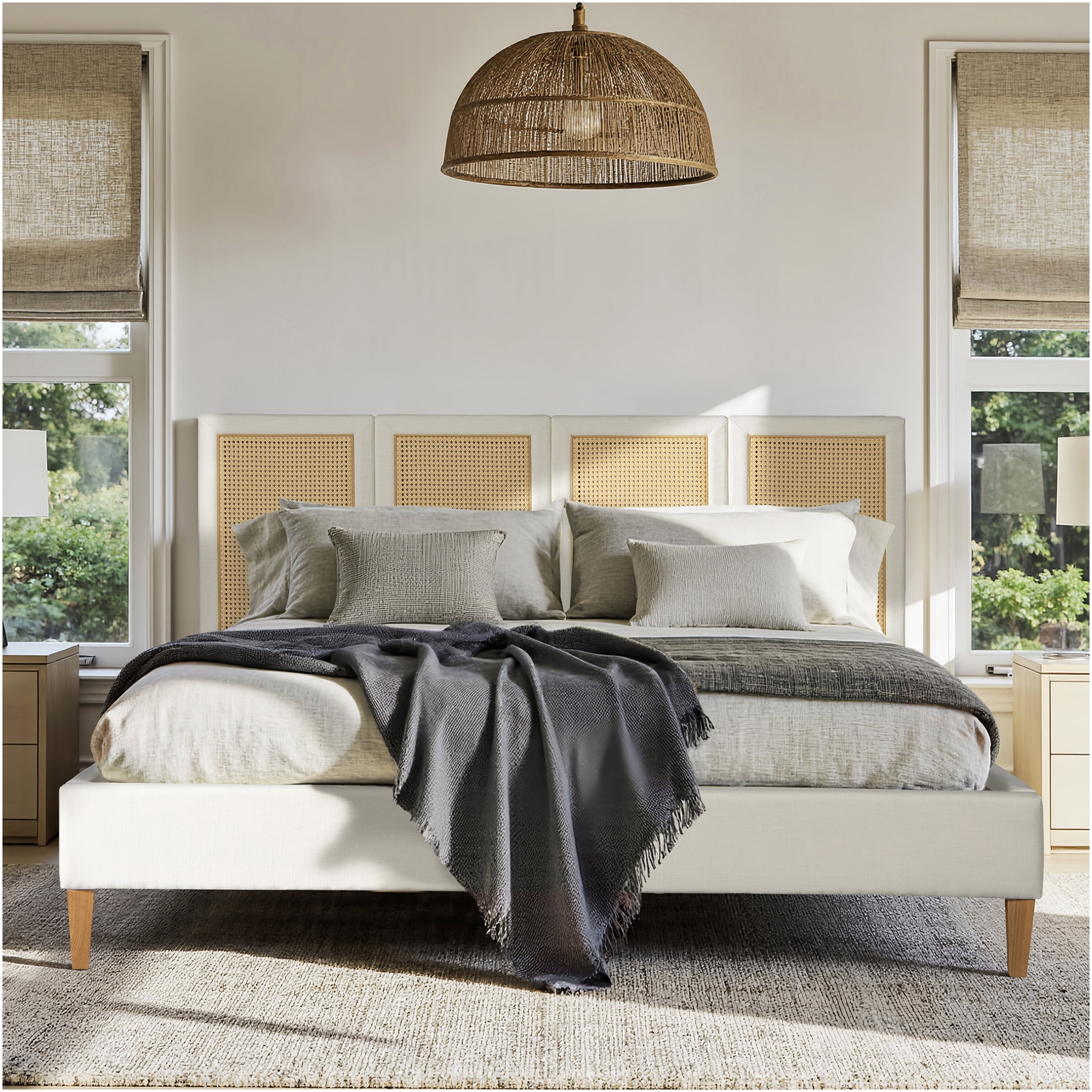 JERFIT King Size Upholstered Platform Bed Frame with Cane Rattan Headboard, Bohemian Coastal Bedroom Furniture in Antique White