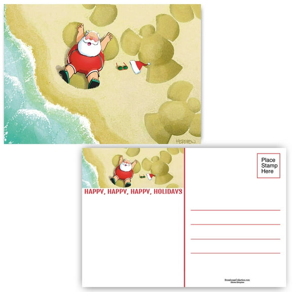 Santa Making Sand Angels Christmas Postcard - 40 Holiday Postcards - 17114