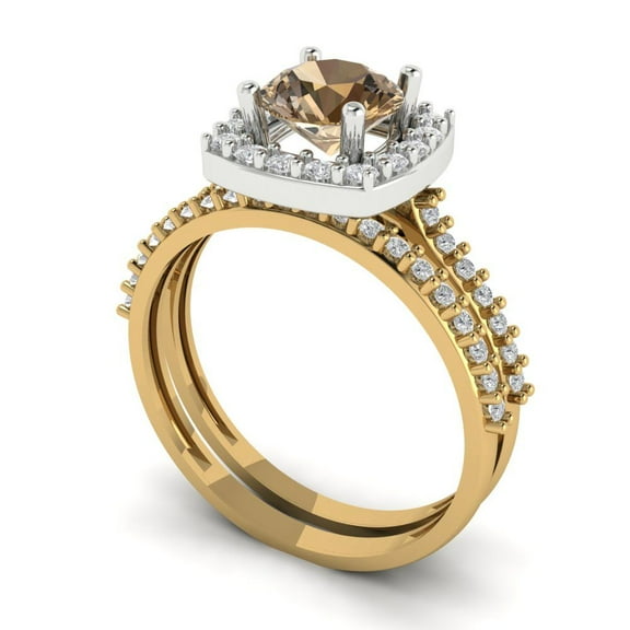 Clara Pucci 18K Yellow/White Gold 1.495 Simulated Champagne Engraveable Engagement Ring   Wedding Band Set