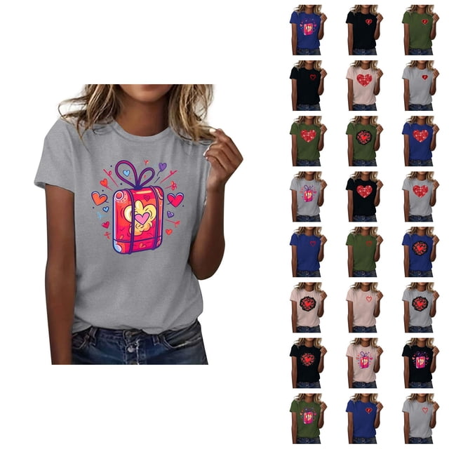 T-shirts de la Saint-Valentin pour Femmes 2026 Mode Manches Courtes Col Rond Cœur Graphique