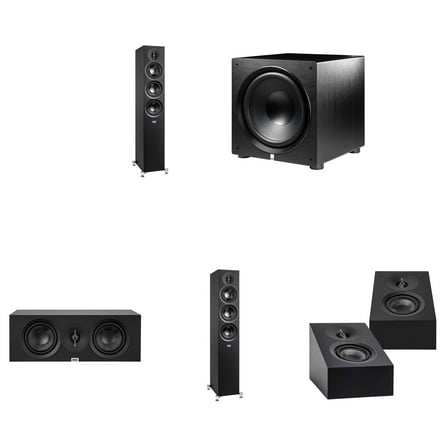 Elac DF53-BK - Debut 3.0 5.25" Floor Speaker - Black (Pair), ELAC DA43-BK Debut 3.0 - DA43-BK Atmos / On Wall speaker, Elac PS500 Subwoofer and Elac DC53 Center Channel