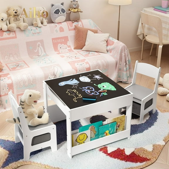 Aiho 3 Piece Child Table and Chair Set, 4-in-1 Kids Table Set, Child Activity Desk with Chalkboard/Whiteboard and Bookshelf - Gray