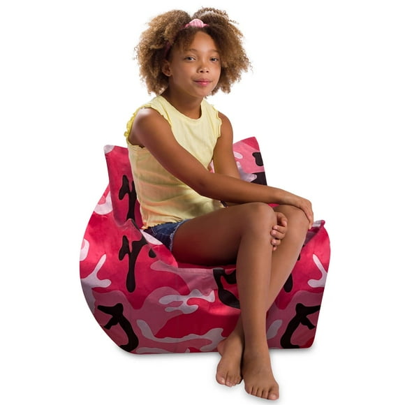 Posh Creations Structured Comfy Bean Bag Chair for Gaming, Reading and Watching TV, Newport Chair, Nylon - Camo Pink and Black