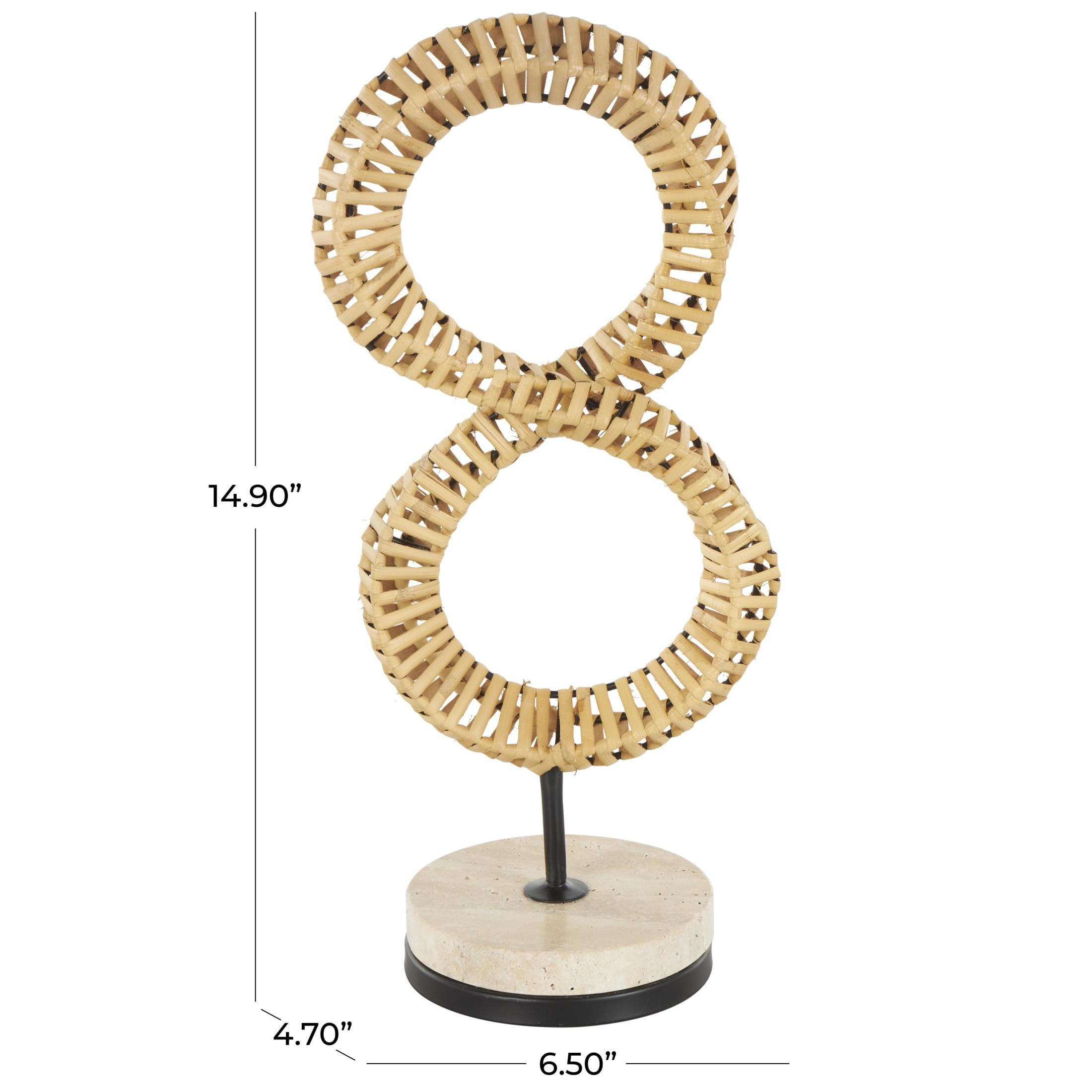 7" x 15" Brown Rattan Handmade Infinity Shaped Abstract Sculpture with White Marble Base, by DecMode