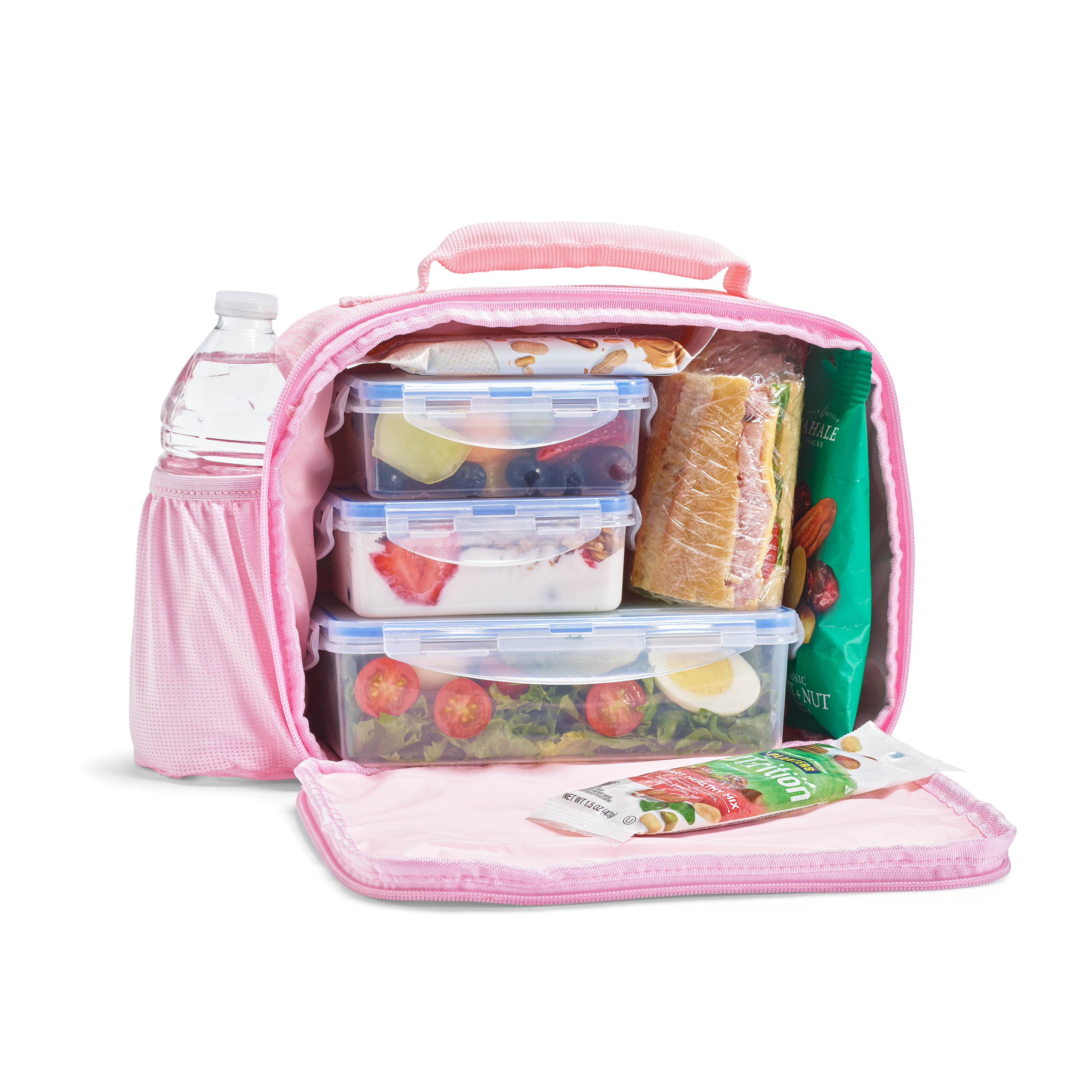 LOCK & LOCK Square Lunch Box 3-Piece Set with Insulated Stripe Bag, , Total  10.8-cup, Pink