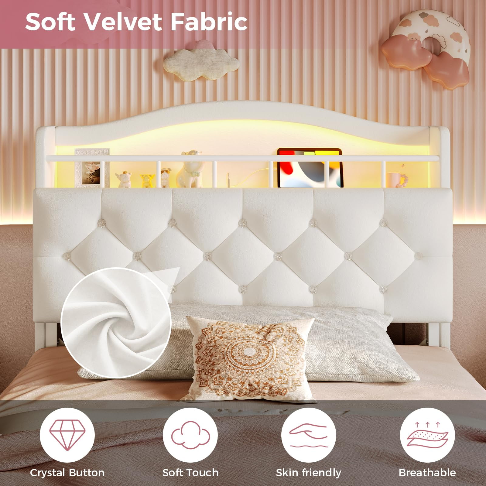 Afuhokles Twin Size Bed with LED Lights and Charging Station, Upholstered Bed Frame with Hidden Storage Headborad, Sturdy Platform Bed, Beige