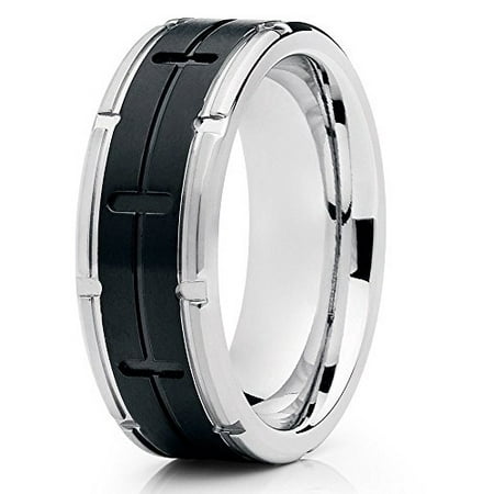 Silver Titanium Ring 8mm Titanium Band Matte Black Grooved Finish Titanium Engagement Ring Comfort Fit Men