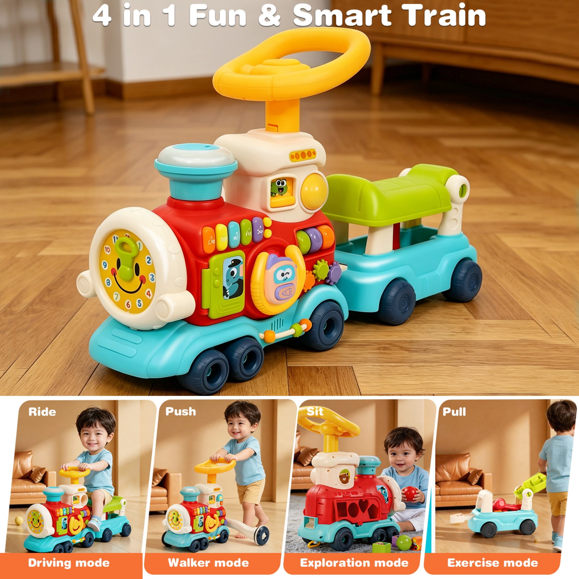 FVLOENG Baby Push Walkers Activity Table Center  4 in 1 Push Pull Sit and Ride Train Toys, Music Panel for 12 Months+ Early Educational Gift Infant Boys Girls